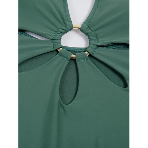 Boho Floral Cutout Ring Detail Halter 1pc Full Coverage Swimsuit|Green Sz. L - Picture 4 of 7